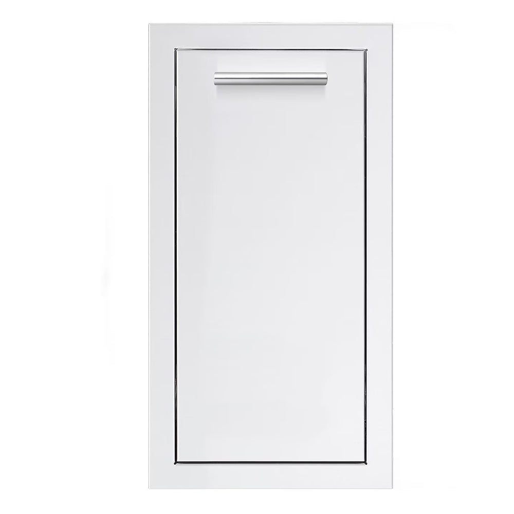 Narrow trash drawer with white front and chrome pull handle