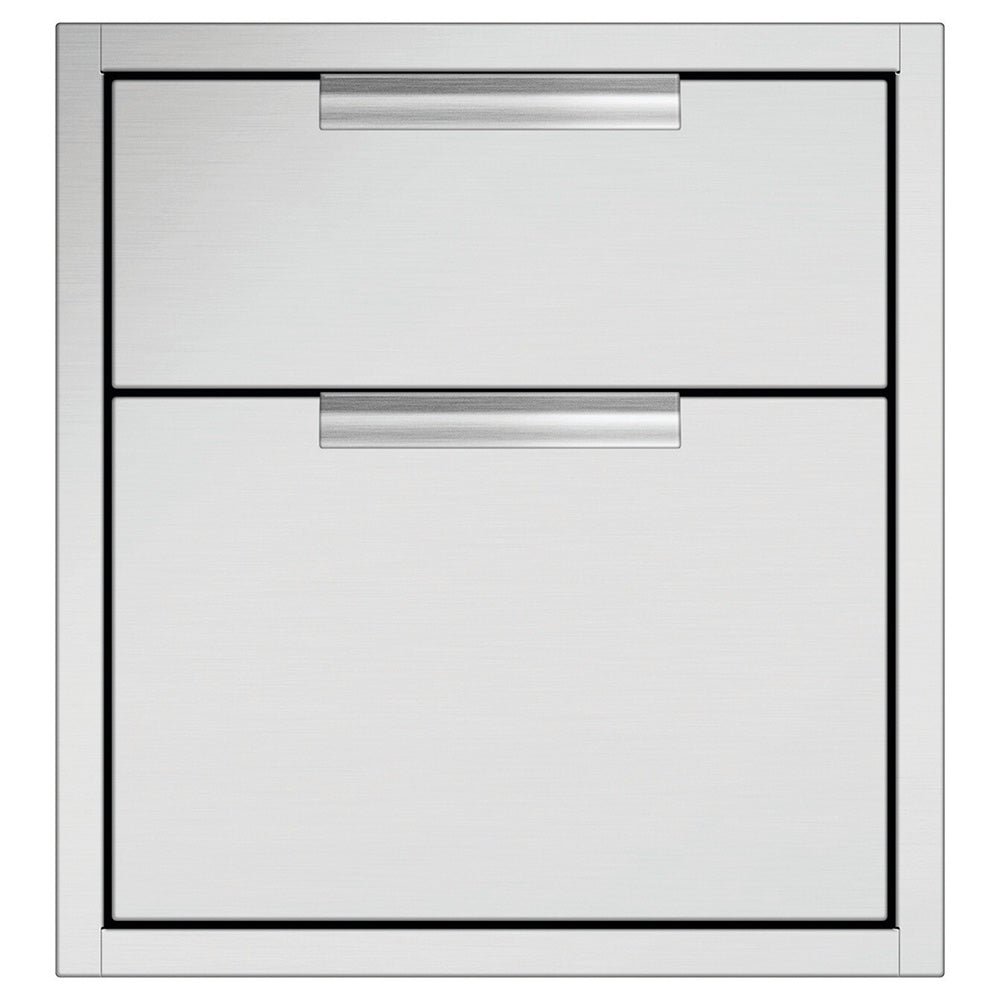 Two-drawer metal cabinet front with two horizontal pull handles, light gray