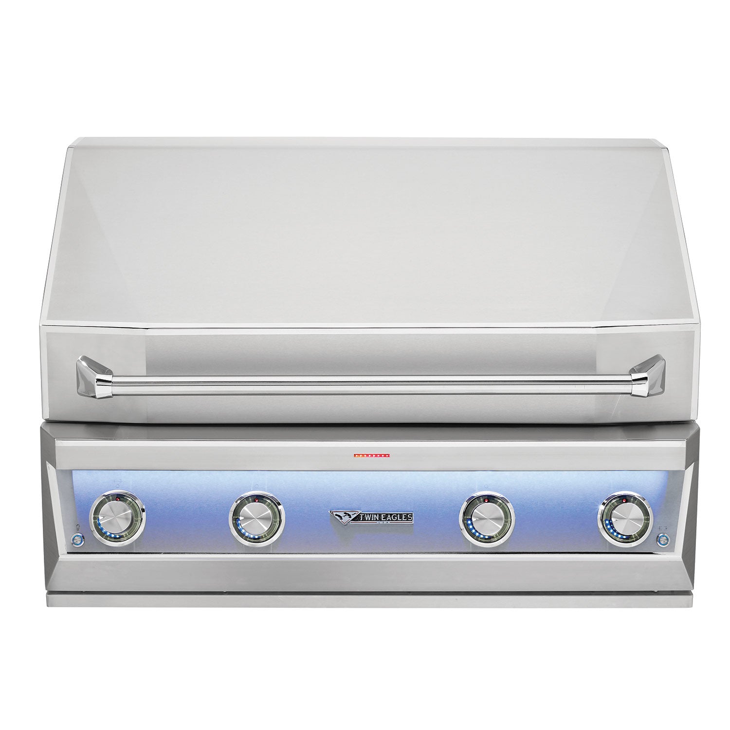 Built-in gas grill with closed hood and four control knobs