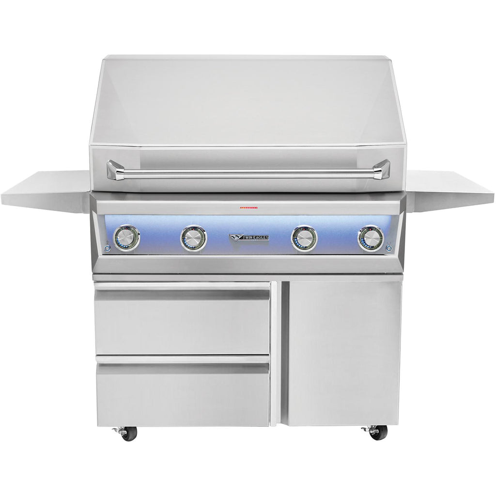 Stainless steel freestanding gas grill with side shelves and control knobs