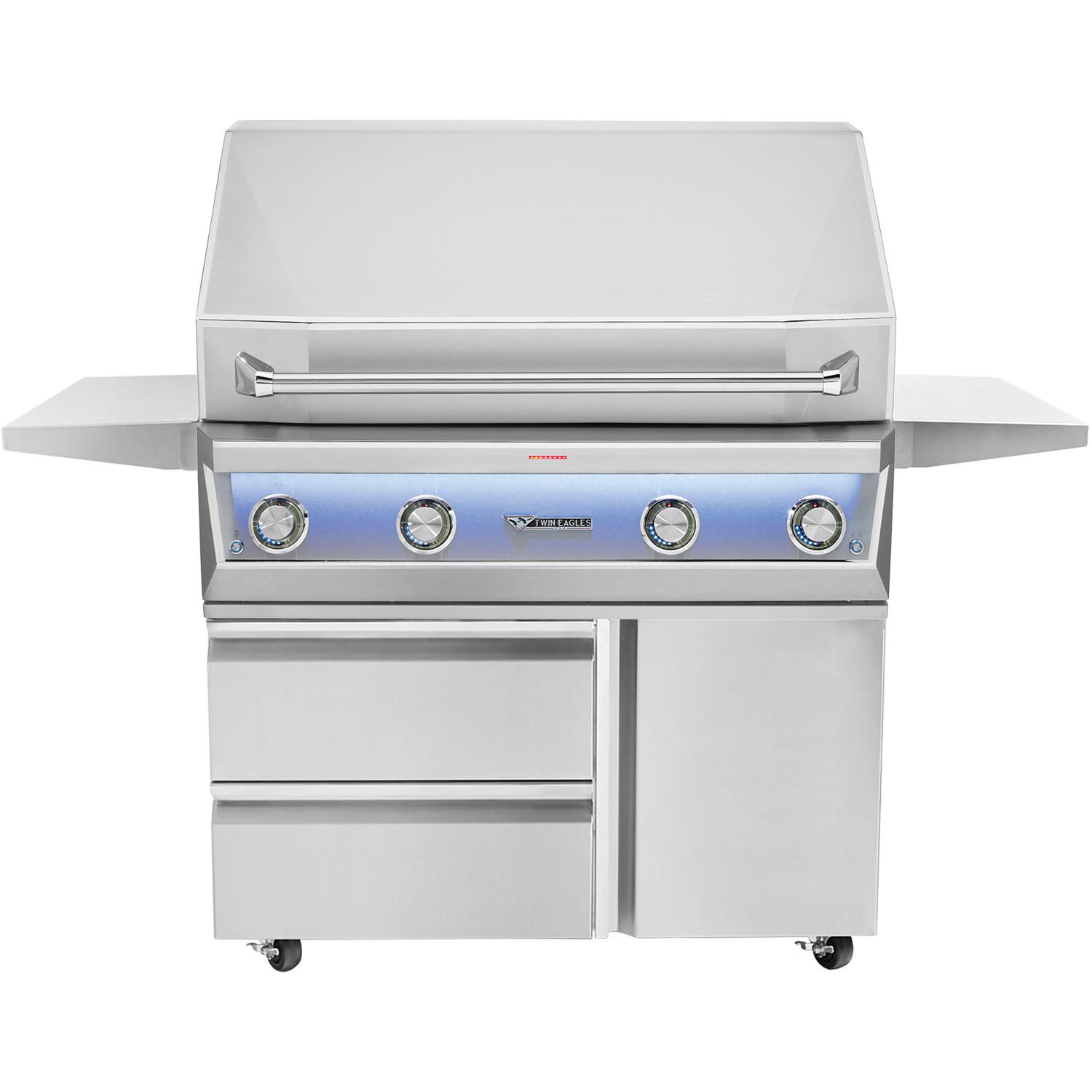 Stainless steel freestanding gas grill with side shelves and control knobs