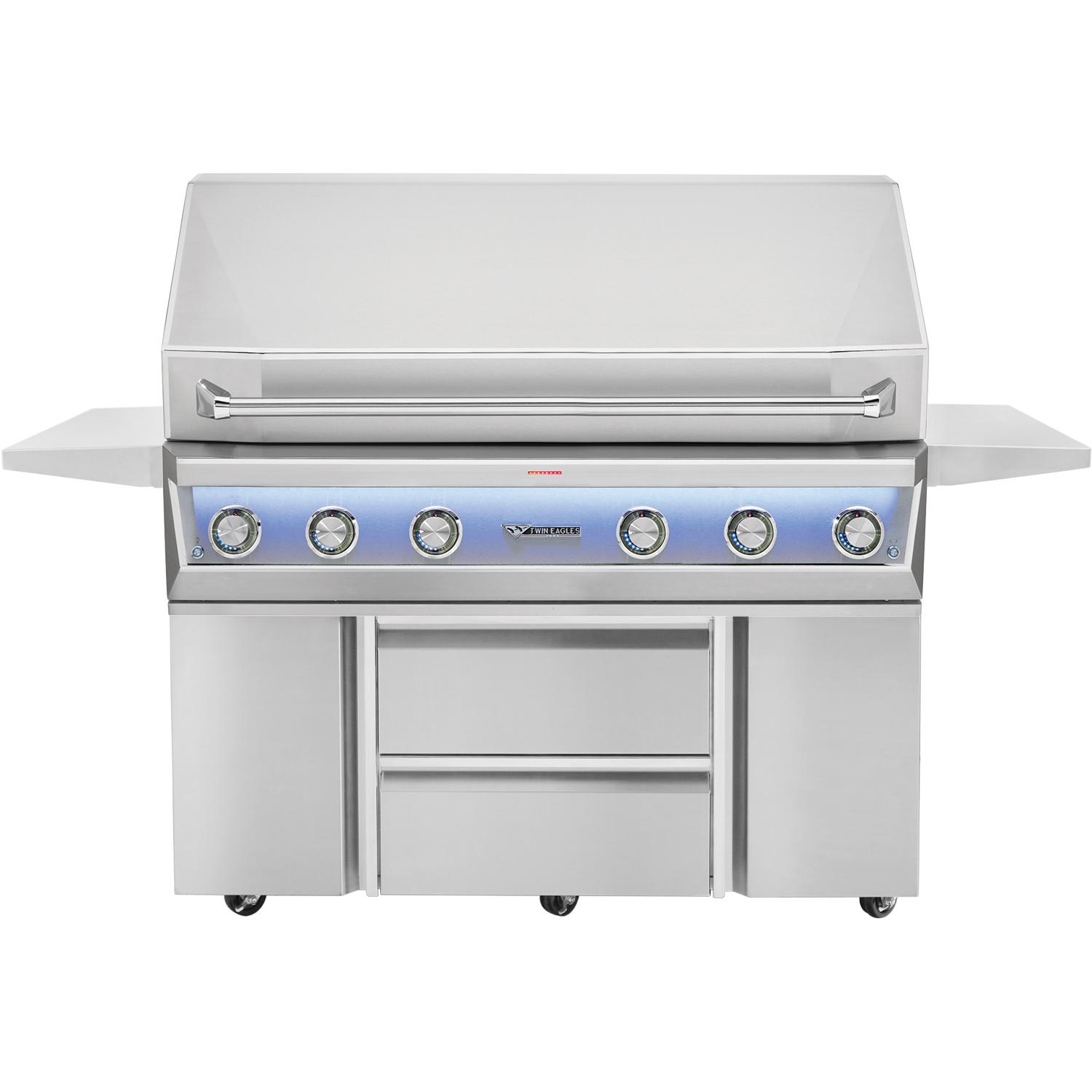 Stainless steel freestanding gas grill with lid and control panel, six knob burners