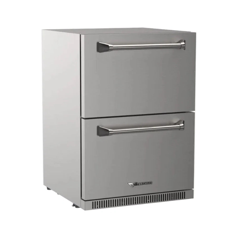 Stainless steel outdoor double drawer refrigerator with two silver bar handles