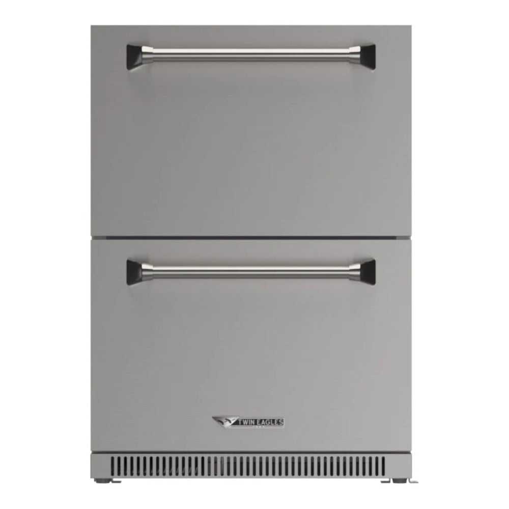 Outdoor double drawer refrigerator in stainless steel with two drawer bar handles
