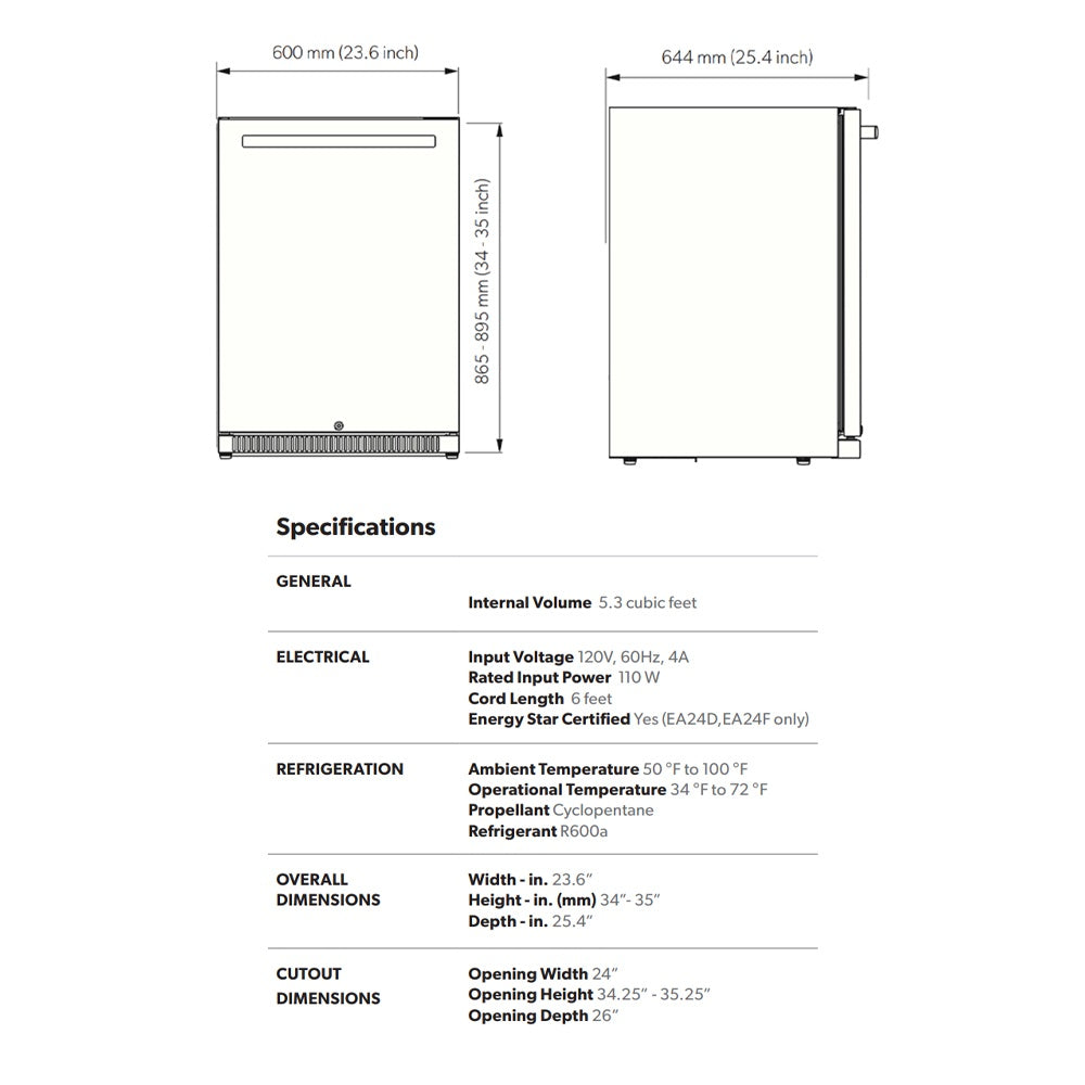 Outdoor double drawer refrigerator dimensions diagram with front and side views