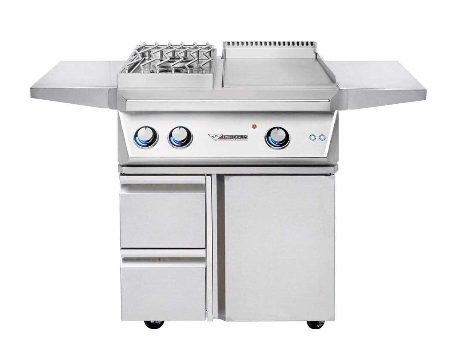 Stainless steel outdoor grill on cart with side shelves, control knobs, drawers and door.