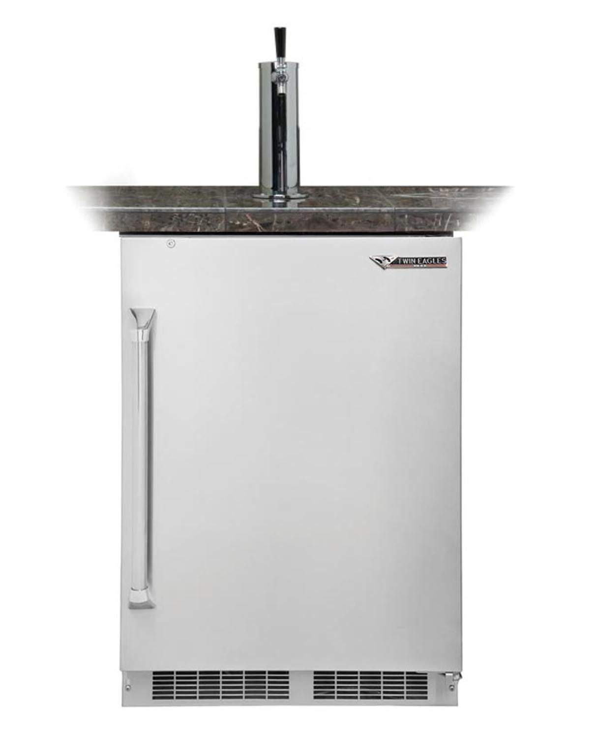 Stainless built-in beer keg dispenser with tall draft tap and front ventilation grille.