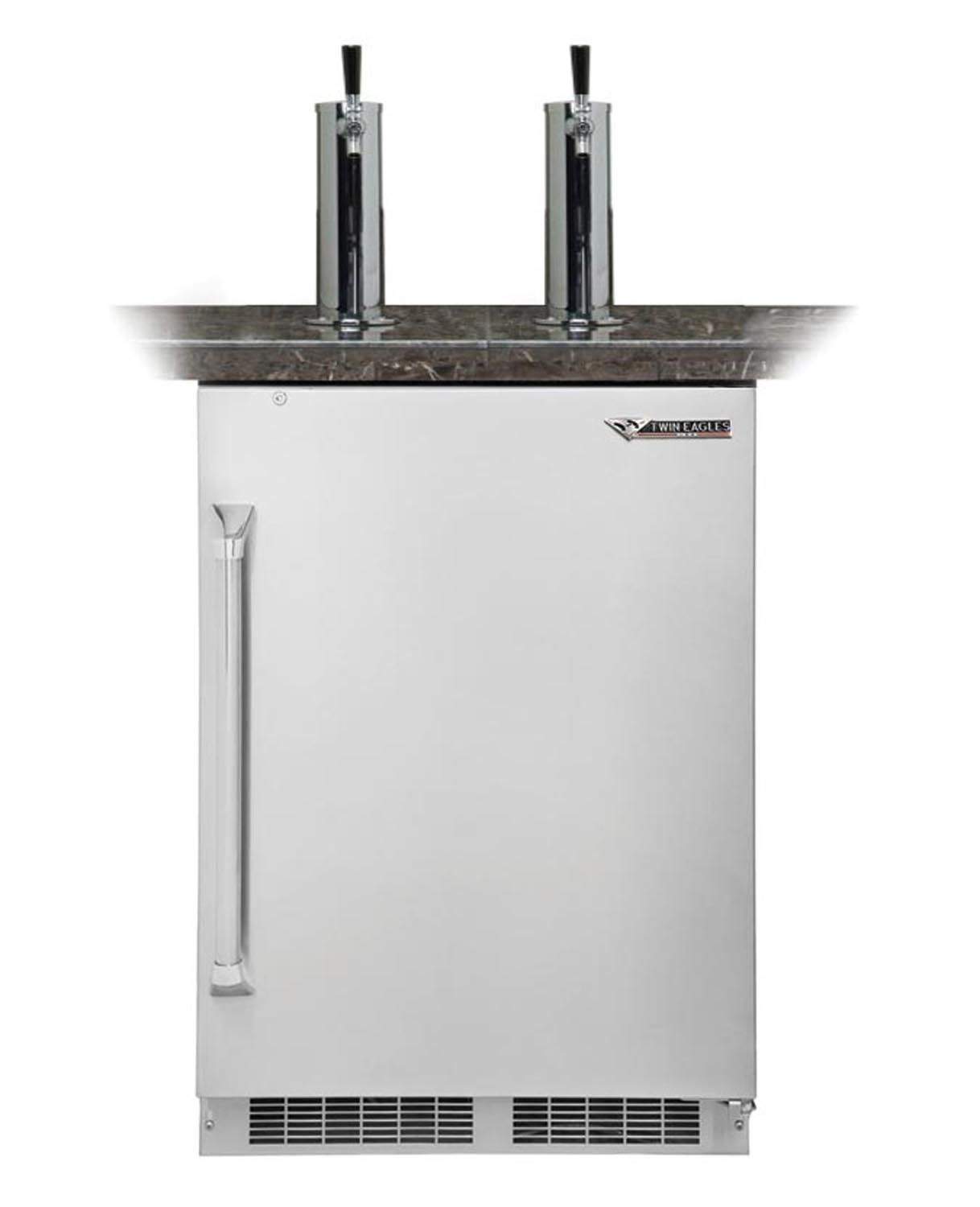 Stainless steel twin tap beer keg dispenser with two chrome faucets and front grille