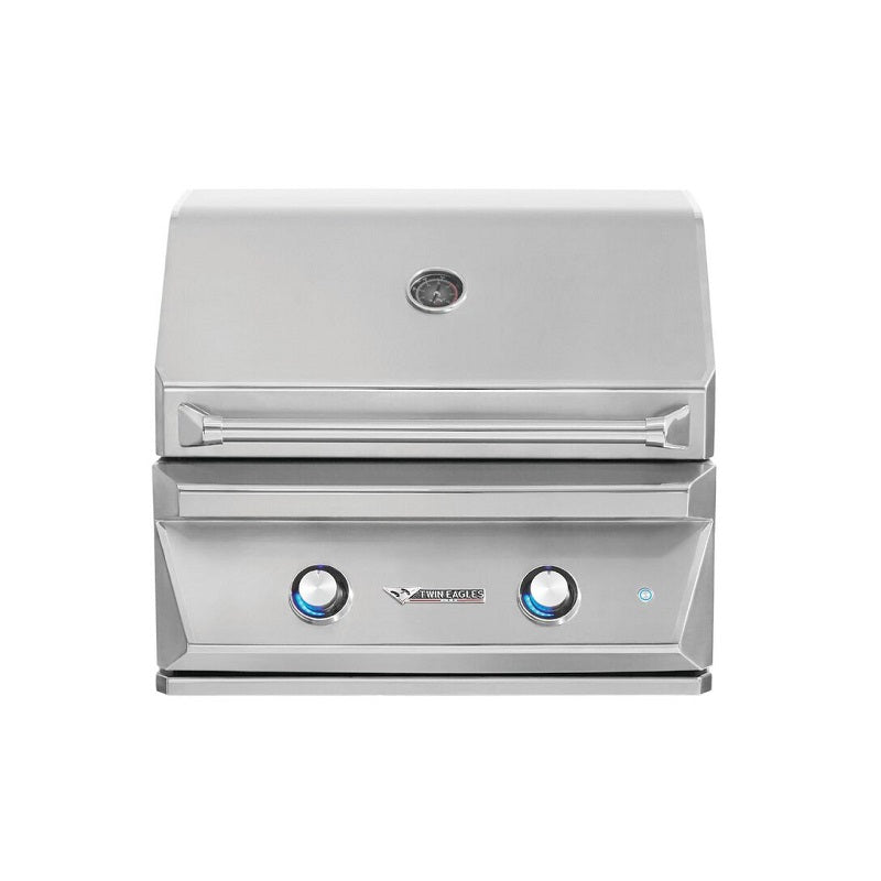 Stainless built-in gas grill with closed hood and front control knobs