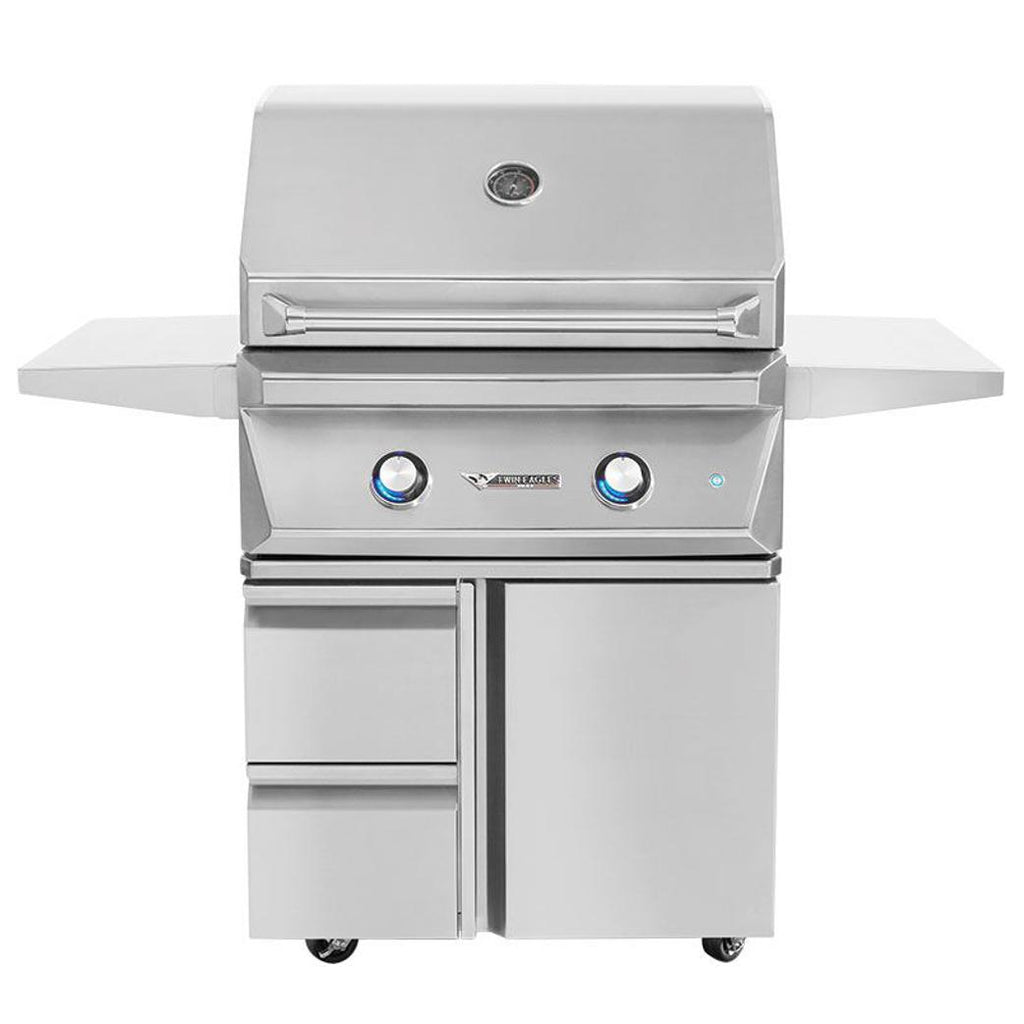 Stainless steel gas grill on cart with doors, drawers, and burner control knobs
