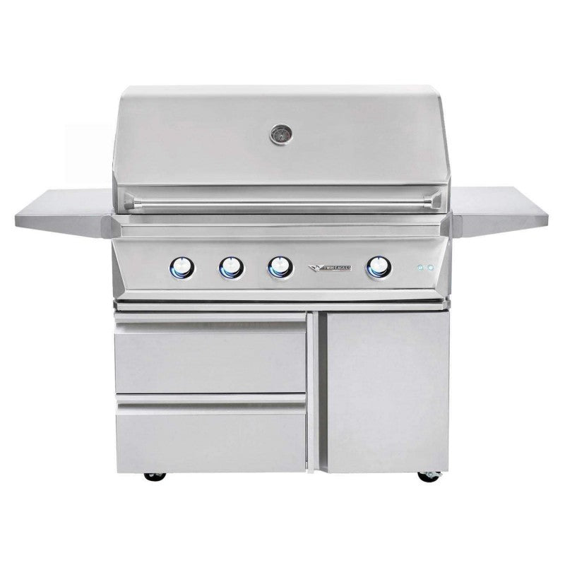 Stainless gas grill with side shelves, control knobs, and cabinet doors