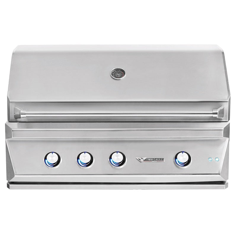 Stainless built-in gas grill with front control knobs and open lid