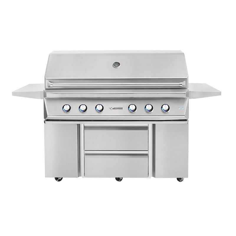 Twin Eagles 54-inch gas grill on cart with drawers, stainless front panel, and controls