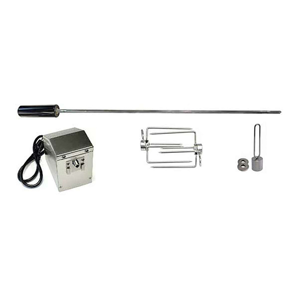 Rotisserie kit components: motor box, spit rod, three forks, mounting hardware