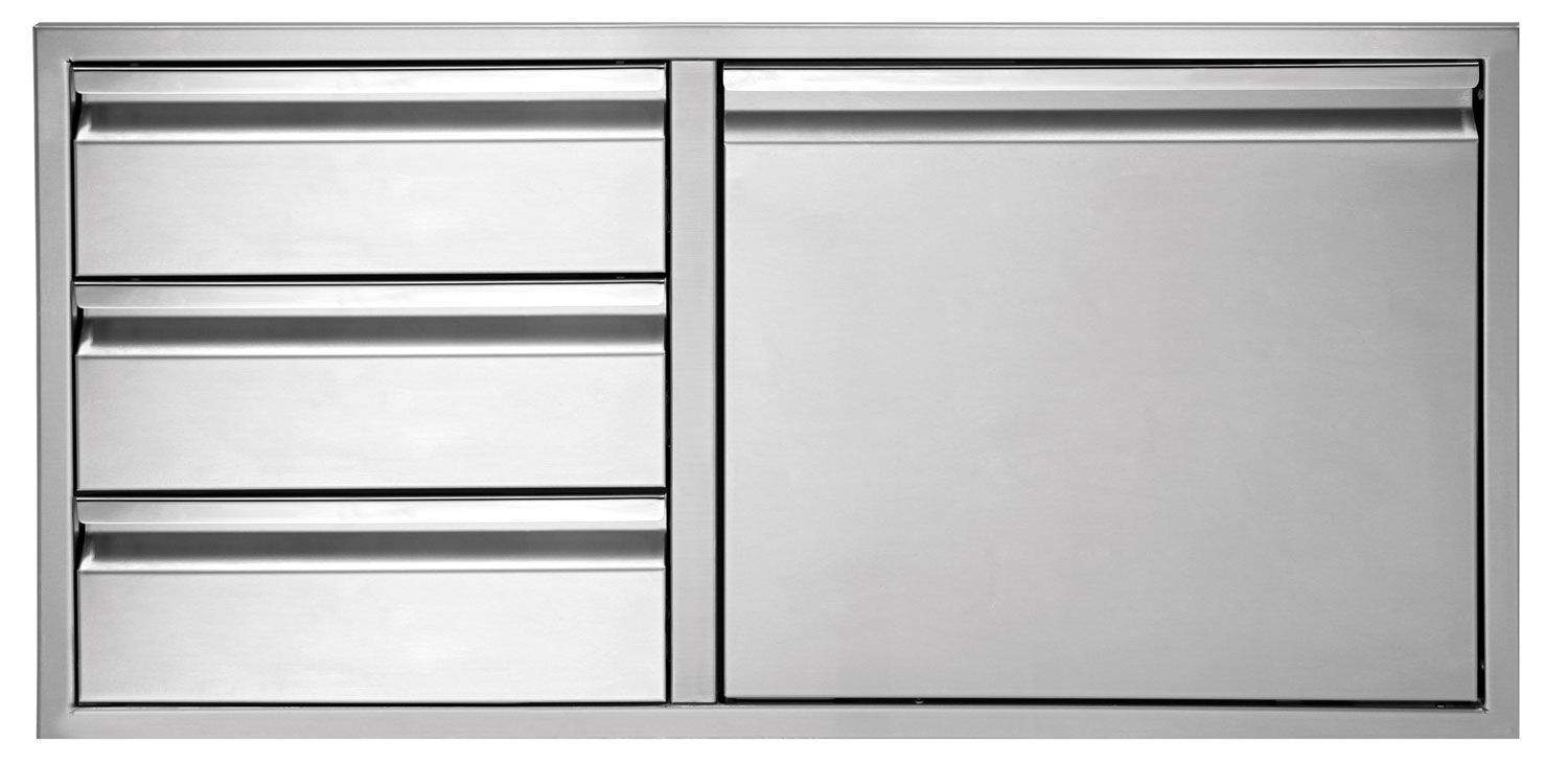 3-drawer door cabinet with three horizontal drawers and a single right door, metal