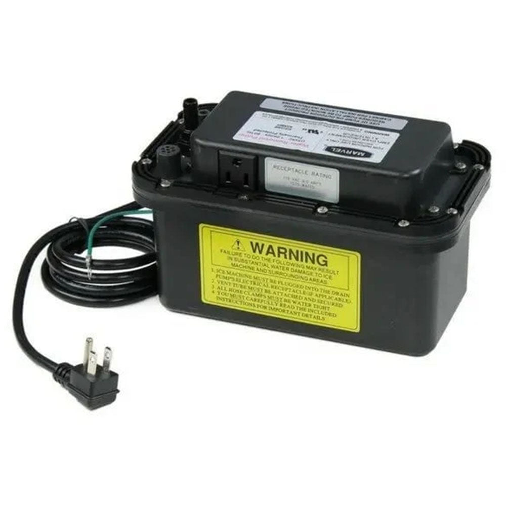 Black ice maker drain pump kit with warning label and power plug, includes cord