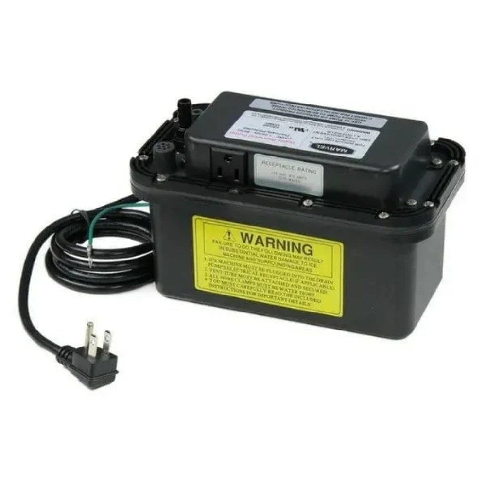 Black drain pump kit with warning label and power cord with two-prong plug