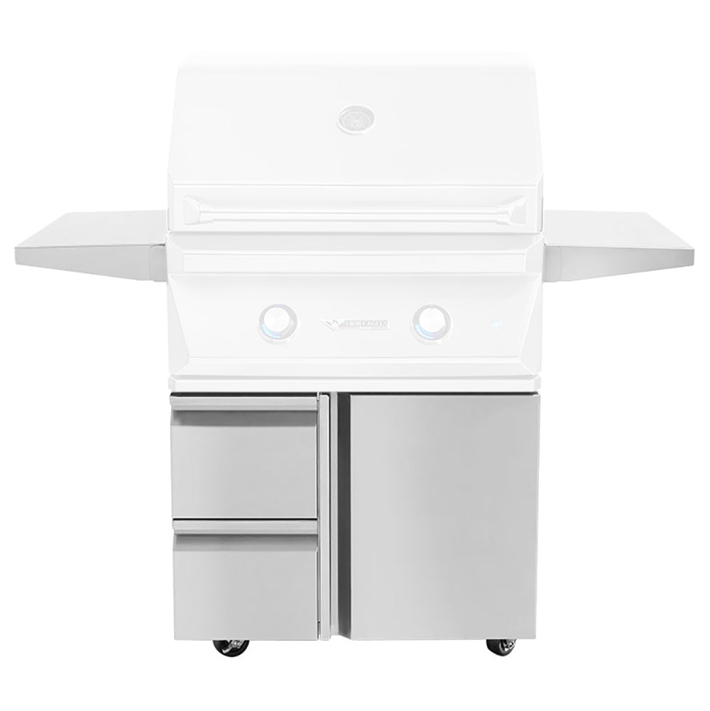 36-inch grill base with door and drawers, white finish and stainless panels, on wheels