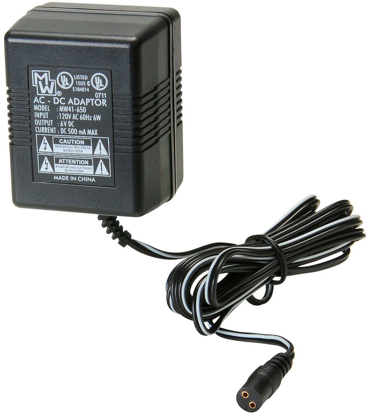Black AC-DC power adapter with attached cable and round DC plug