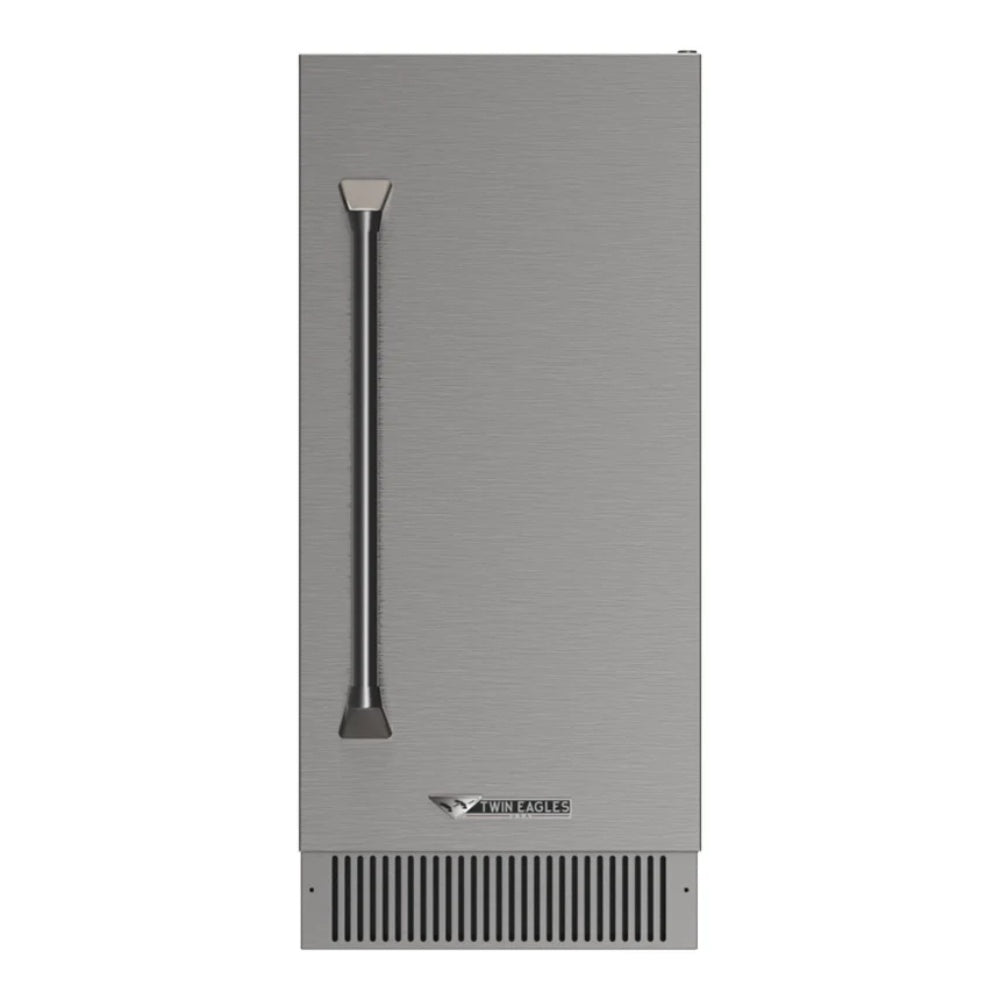 Stainless steel Twin Eagles 15-inch outdoor ice machine front view with dispenser slot