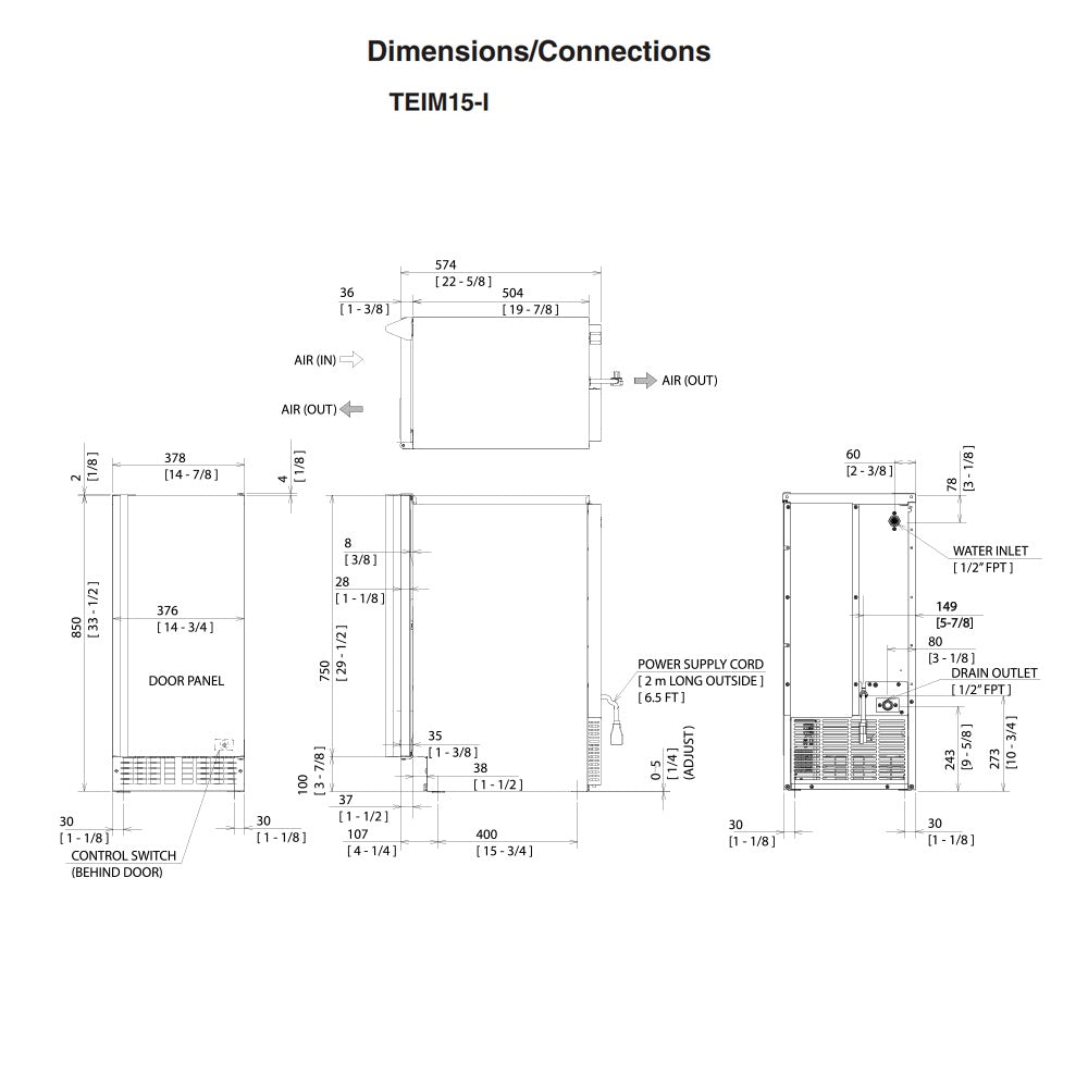 Twin Eagles 15-inch outdoor ice machine dimensions and connections diagram