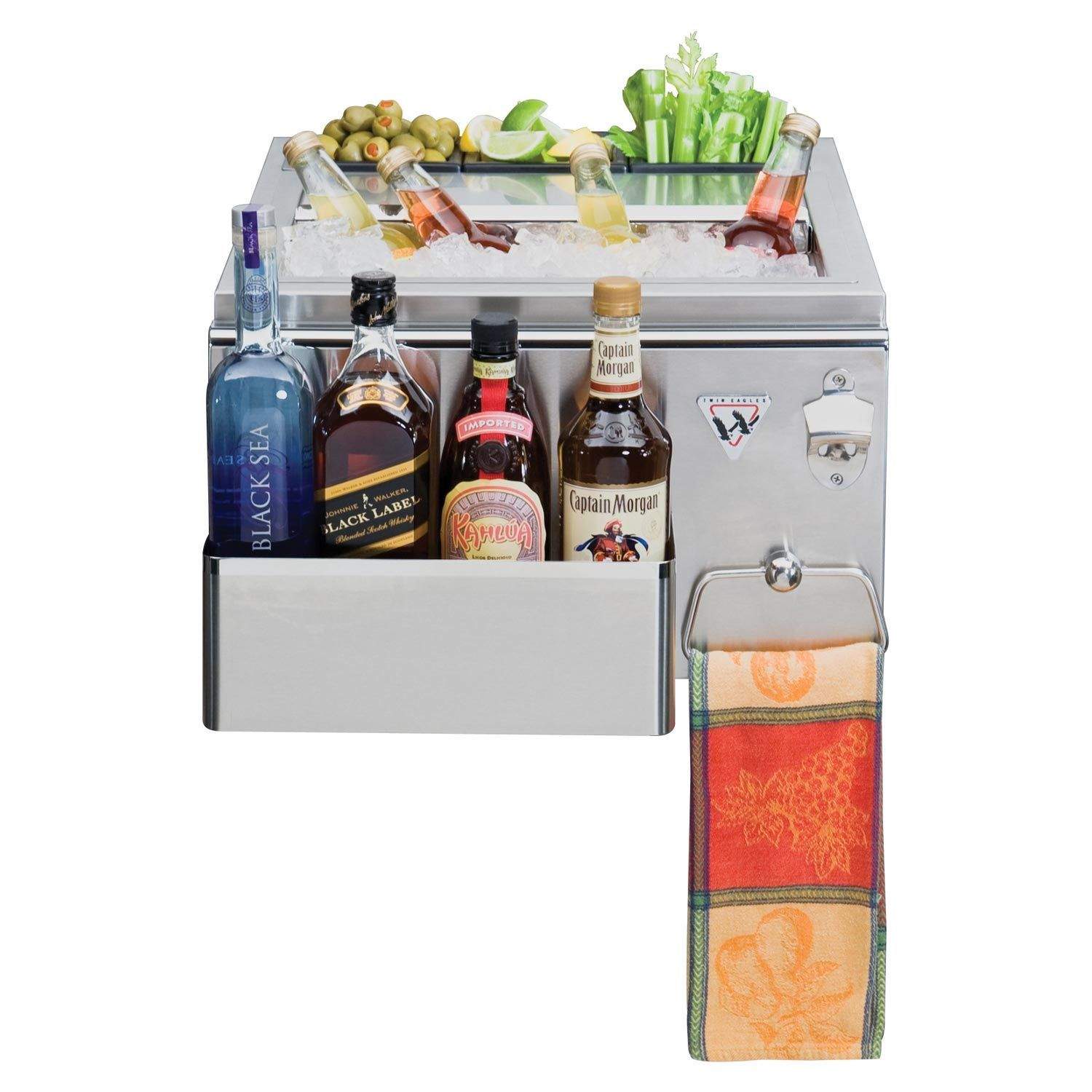 Stainless outdoor bar cabinet with pull-out compartment and hanging towel, 18 in