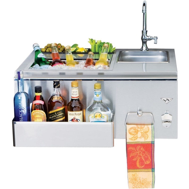 Stainless steel outdoor bar with sink, faucet, open storage drawers, hanging towel