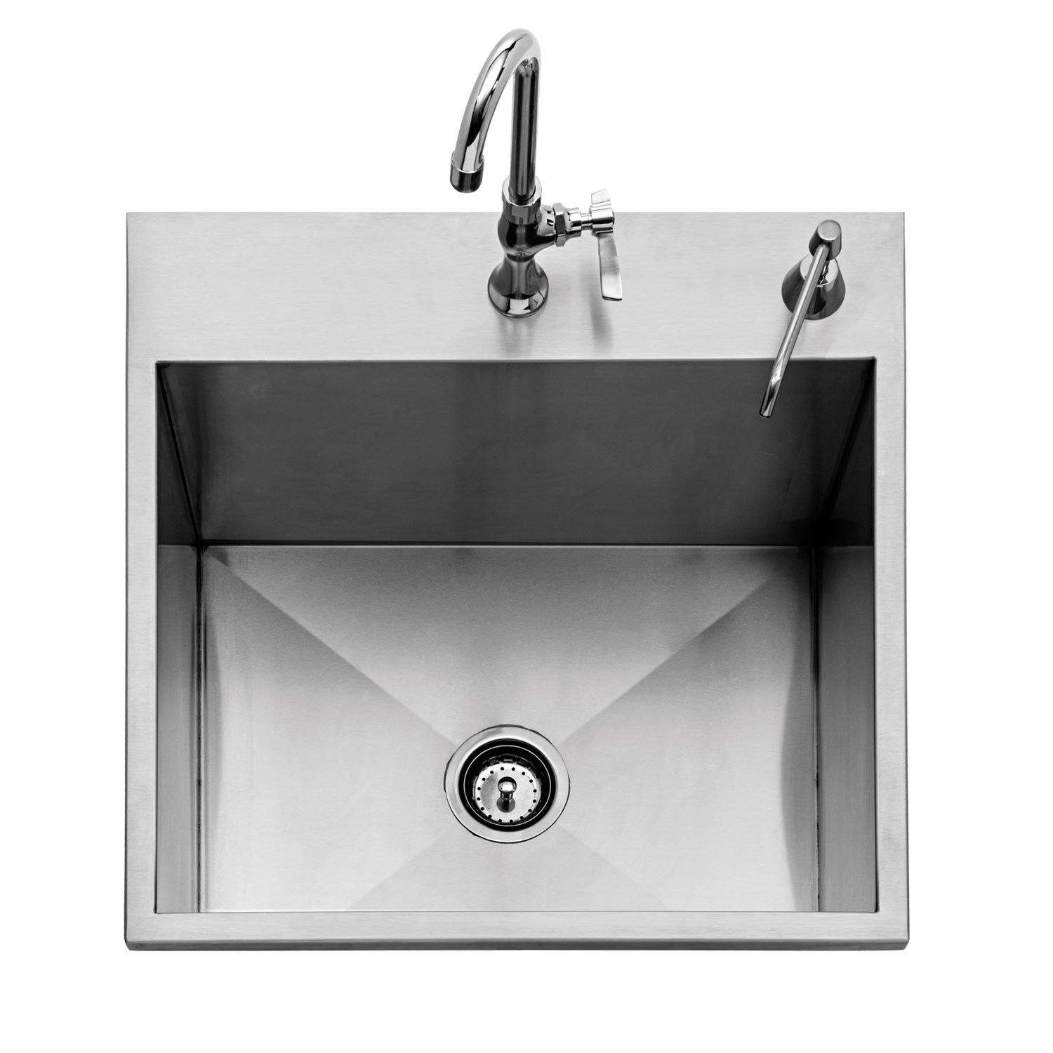 24-inch outdoor sink with stainless basin, faucet, and centered drain