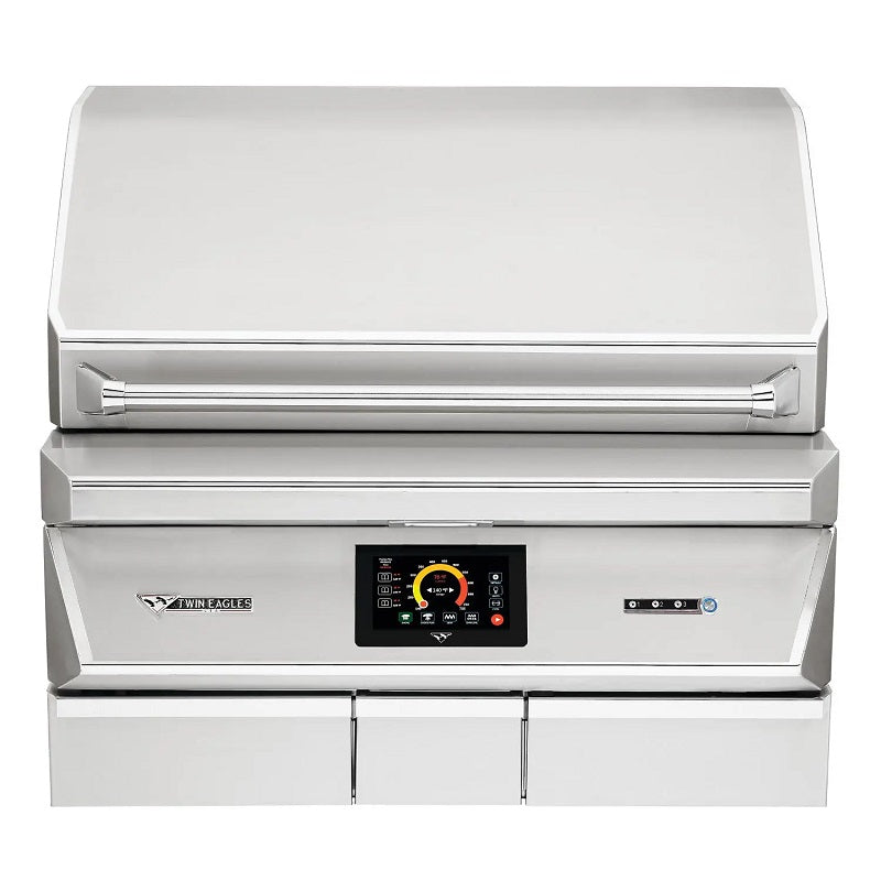 Pellet smoker grill with digital control panel and closed lid, stainless steel