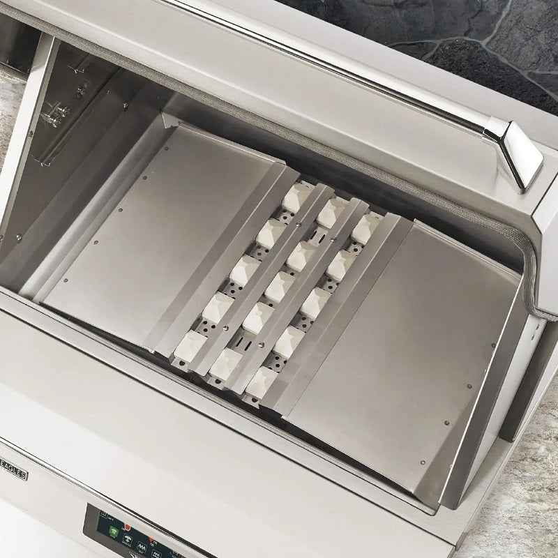 Pellet smoker interior with metal cooking racks and heat deflector plates