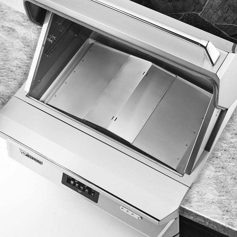 Pellet smoker cooking chamber with open lid and control display on front panel