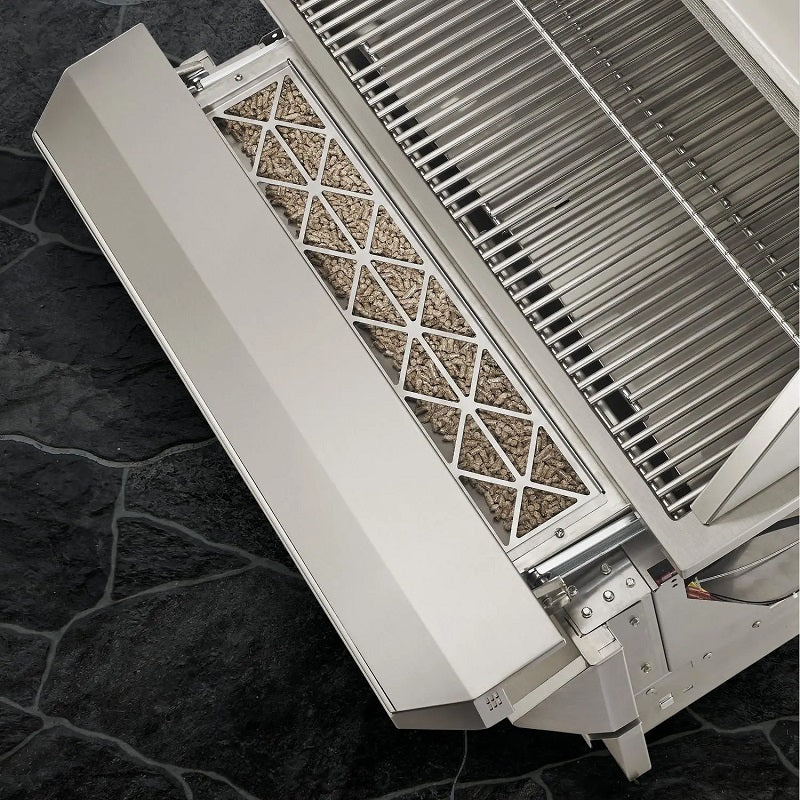 Pellet smoker grill side heat deflector with patterned vent panel, stainless steel