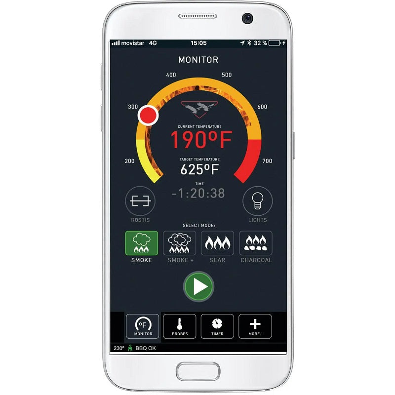 Pellet smoker temperature monitor app screen with 190°F setting and start button