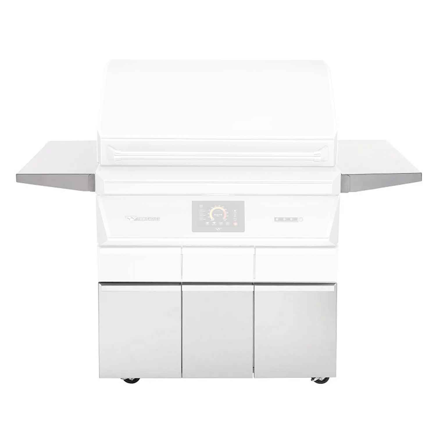 White pellet smoker grill base with three cabinet doors and side shelves, front control panel