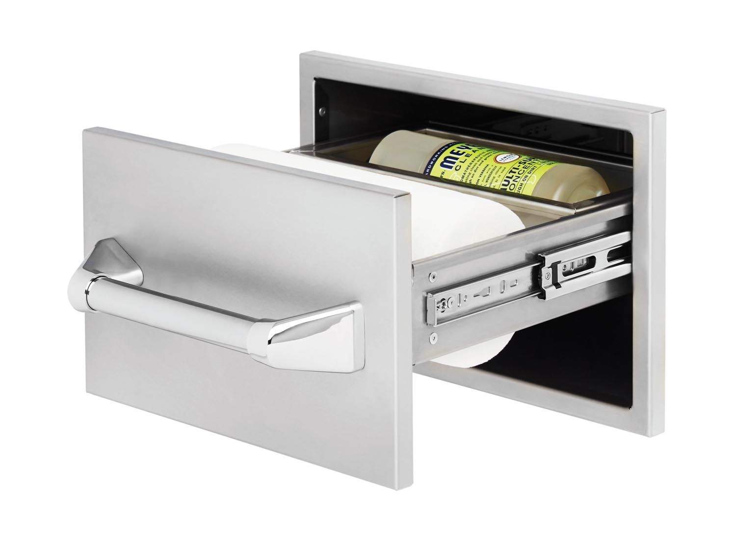 Wall-mounted paper towel holder with hinged door and stainless finish, holds a paper towel roll