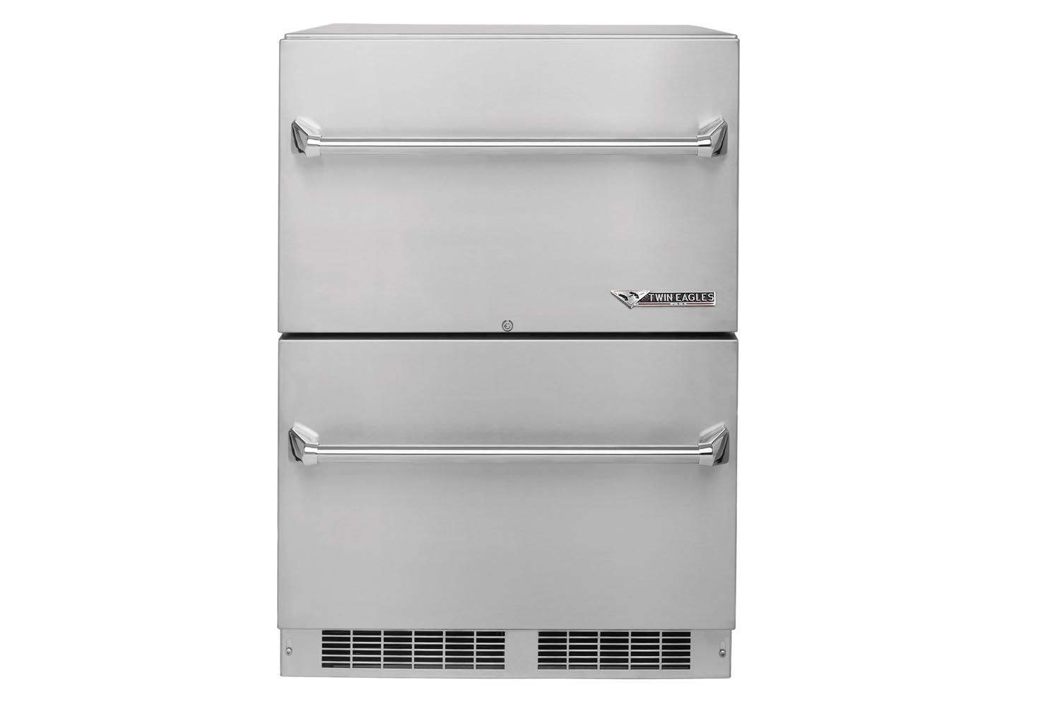 Twin Eagles outdoor two-door refrigerator with stainless steel doors and bottom grille