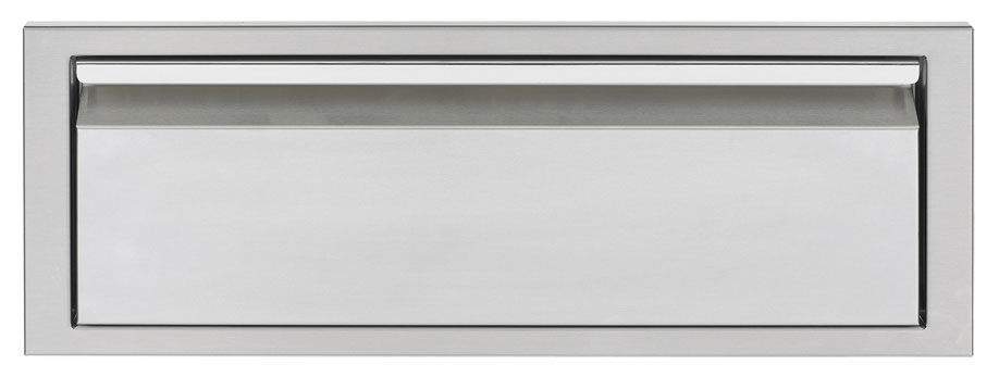 Single storage drawer front with horizontal handle, light gray metal, rectangular opening