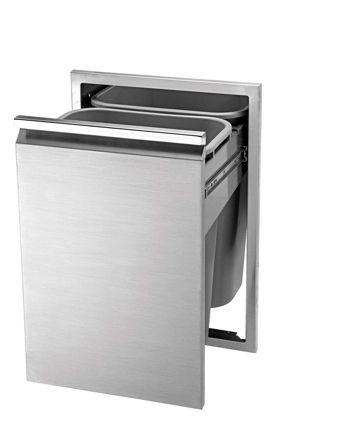 Stainless steel double tall trash drawer with open front door and two bins