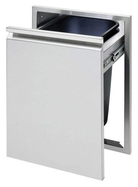 Tall trash drawer with open lid and interior bin, stainless look