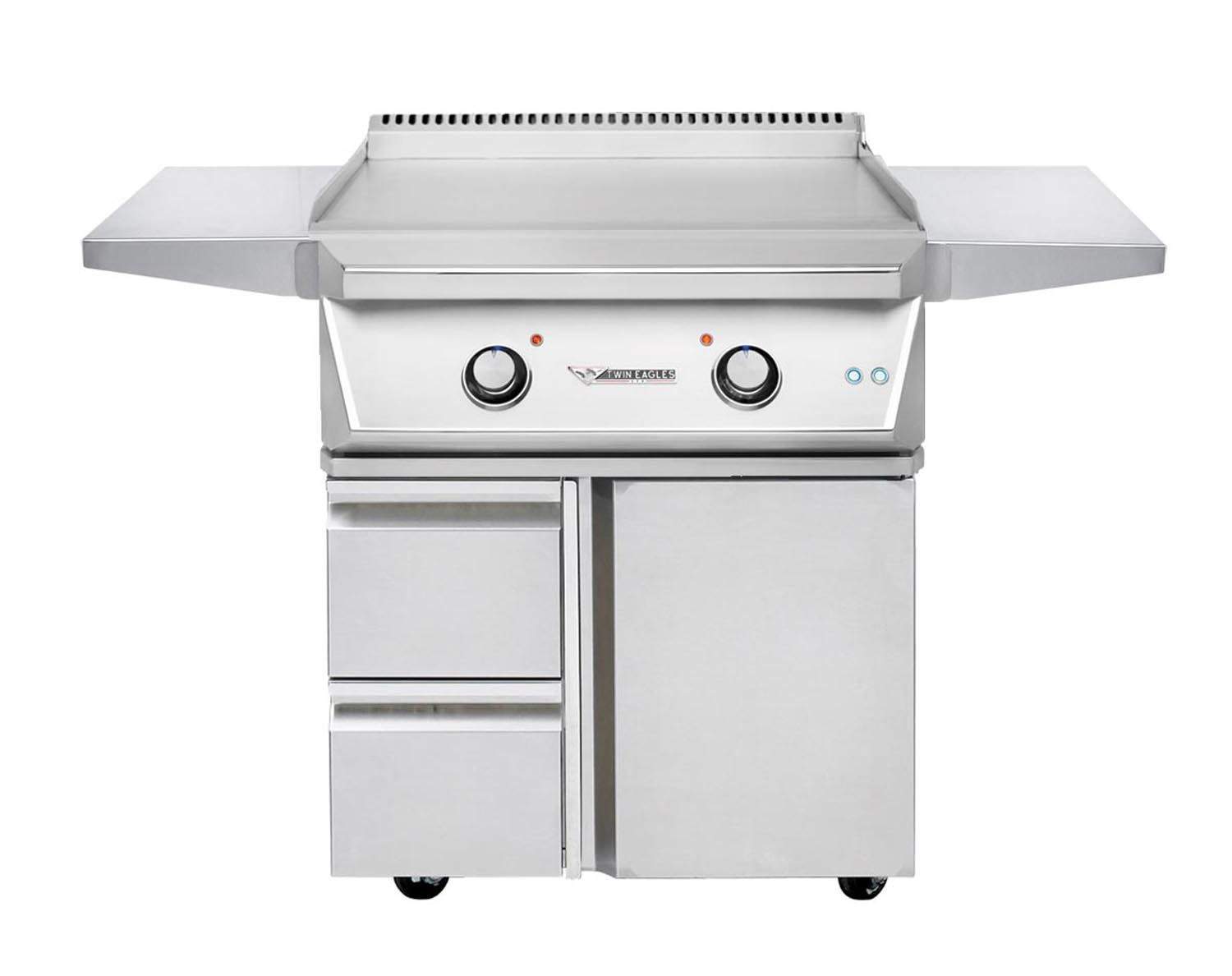 Teppanyaki griddle grill on cart with two drawers and cabinet door