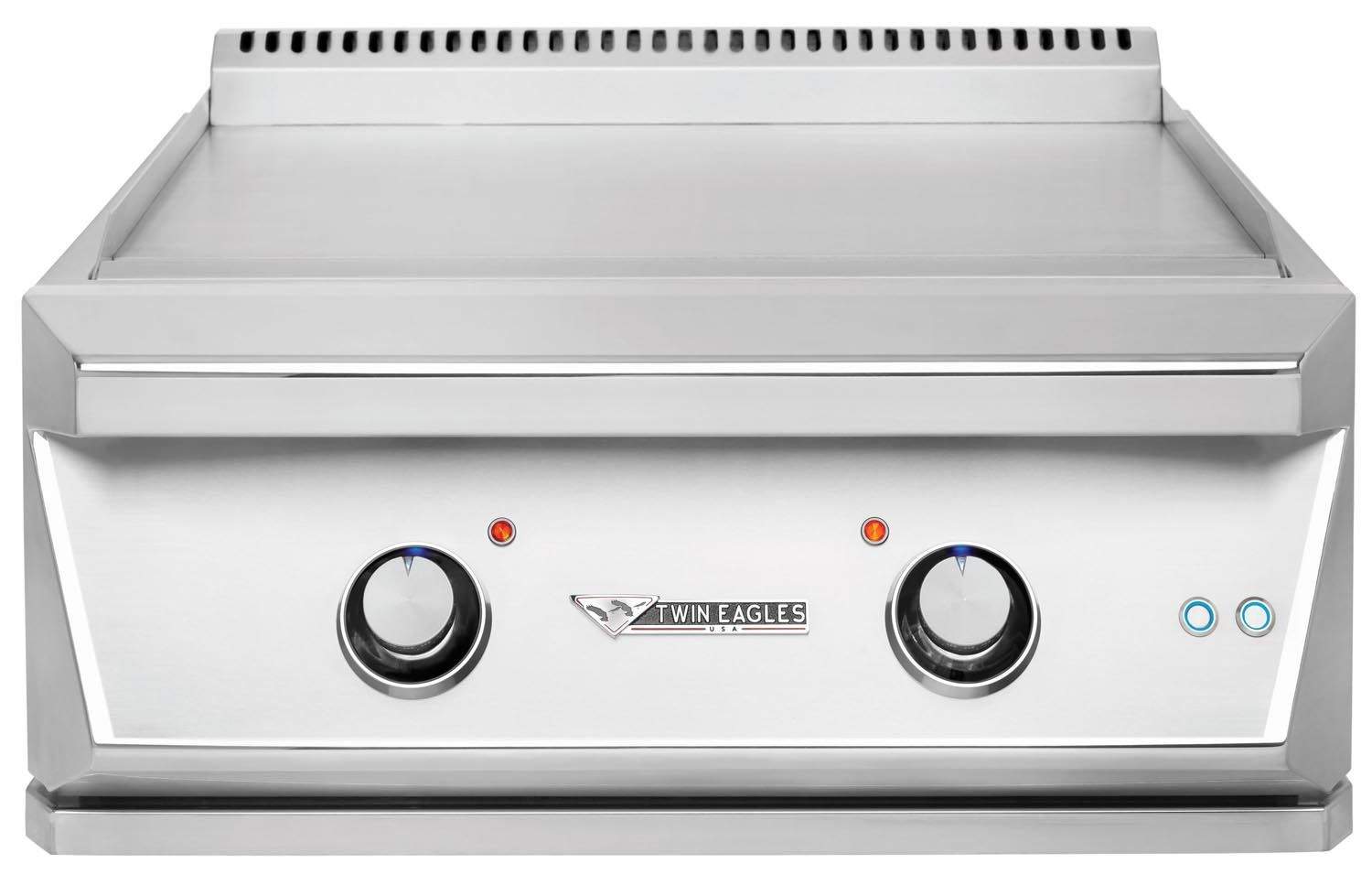 Stainless steel built-in gas teppanyaki griddle with two control knobs and brand logo