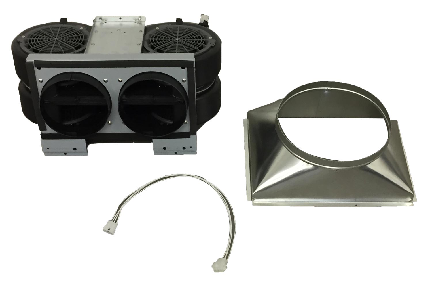 Internal blower kit with twin fan housings, vent duct cover, and wiring harness
