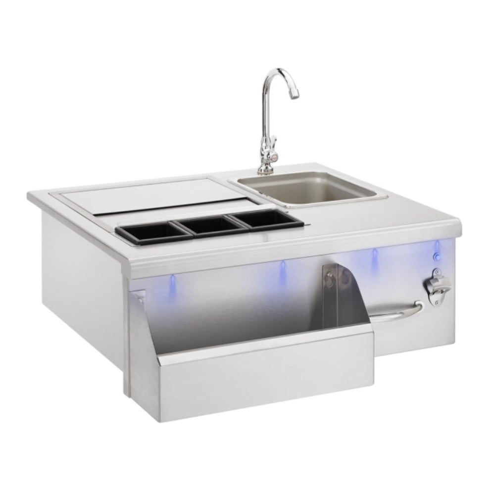 Stainless beverage and prep station with sink, faucet, and black burner tray