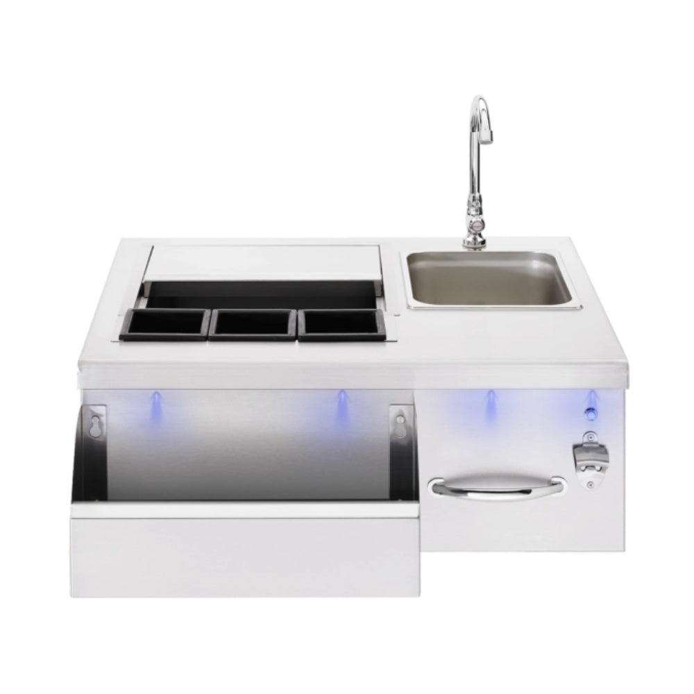 Stainless beverage prep station with faucet, sink, and control panel