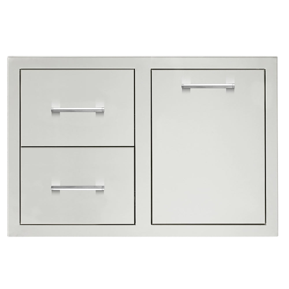 Masonry storage frame with two drawers and access door, front view