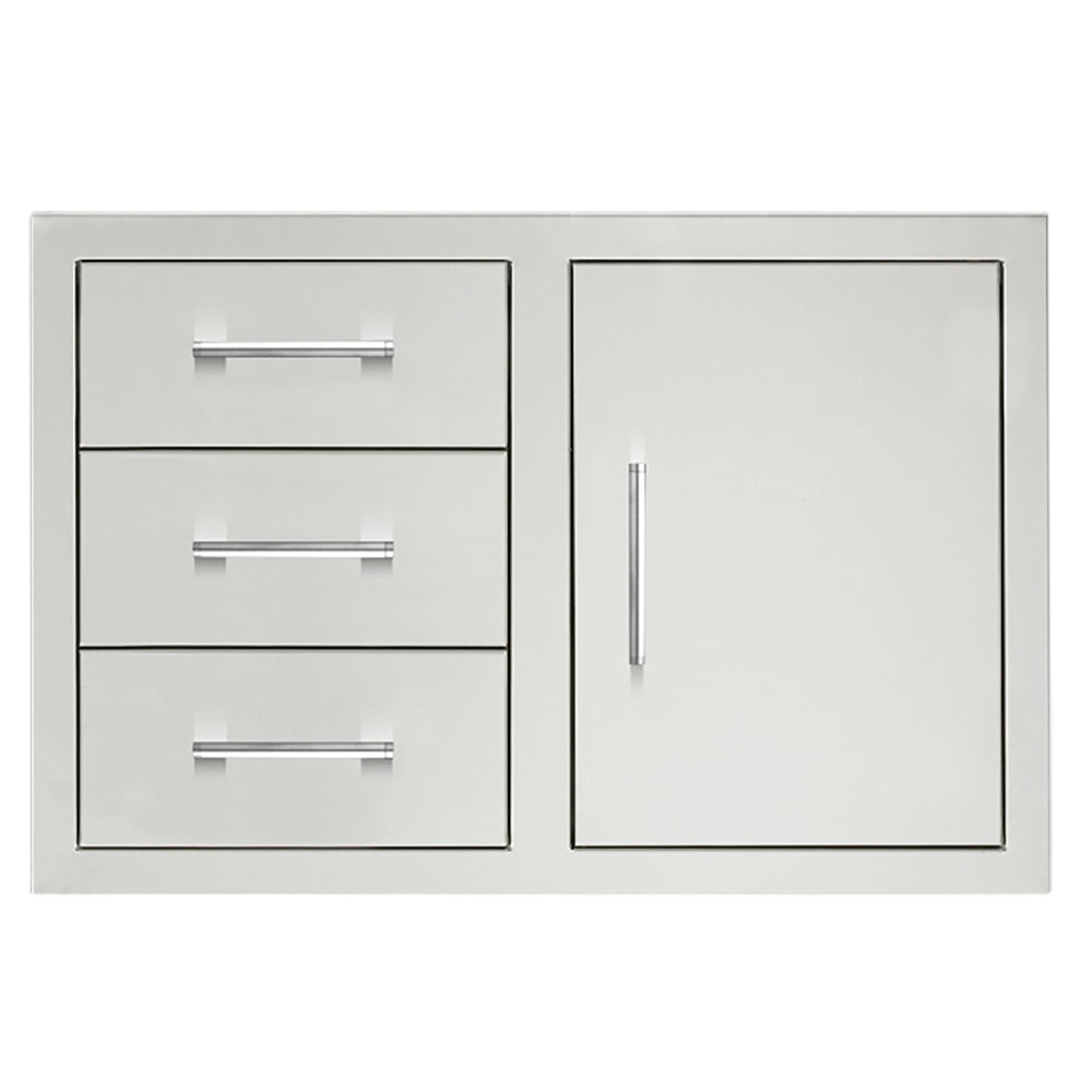 White 3-drawer cabinet with matching access door, black trim lines and pull handles.