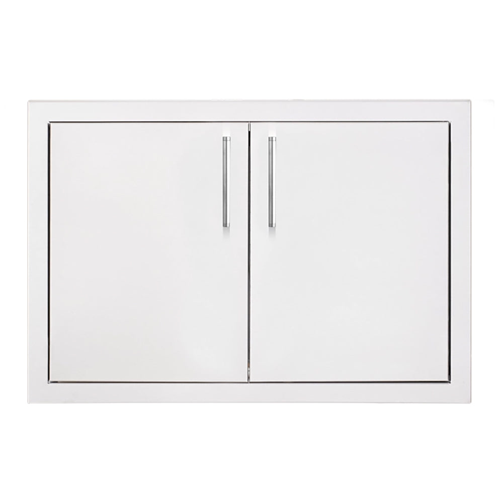 Double access door with white panel and black frame, two vertical pull handles