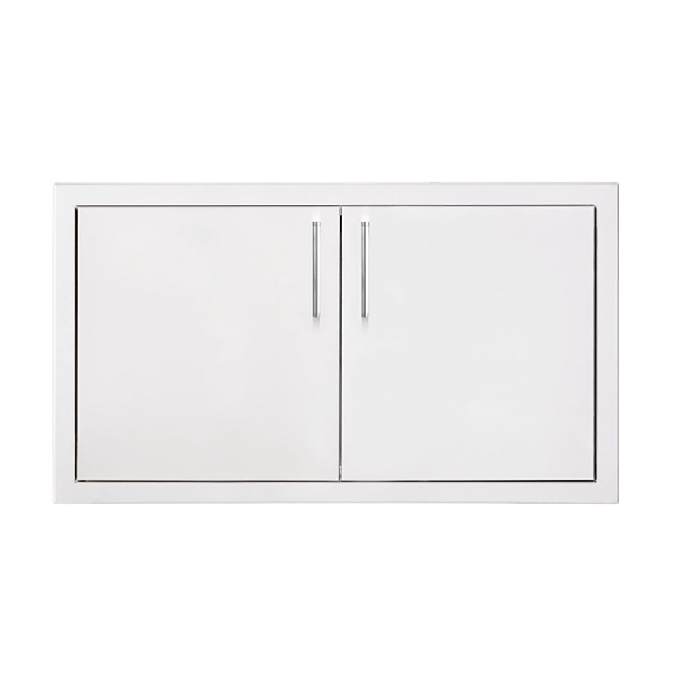 Double access door panel with vertical center seam and two pull handles, white metal