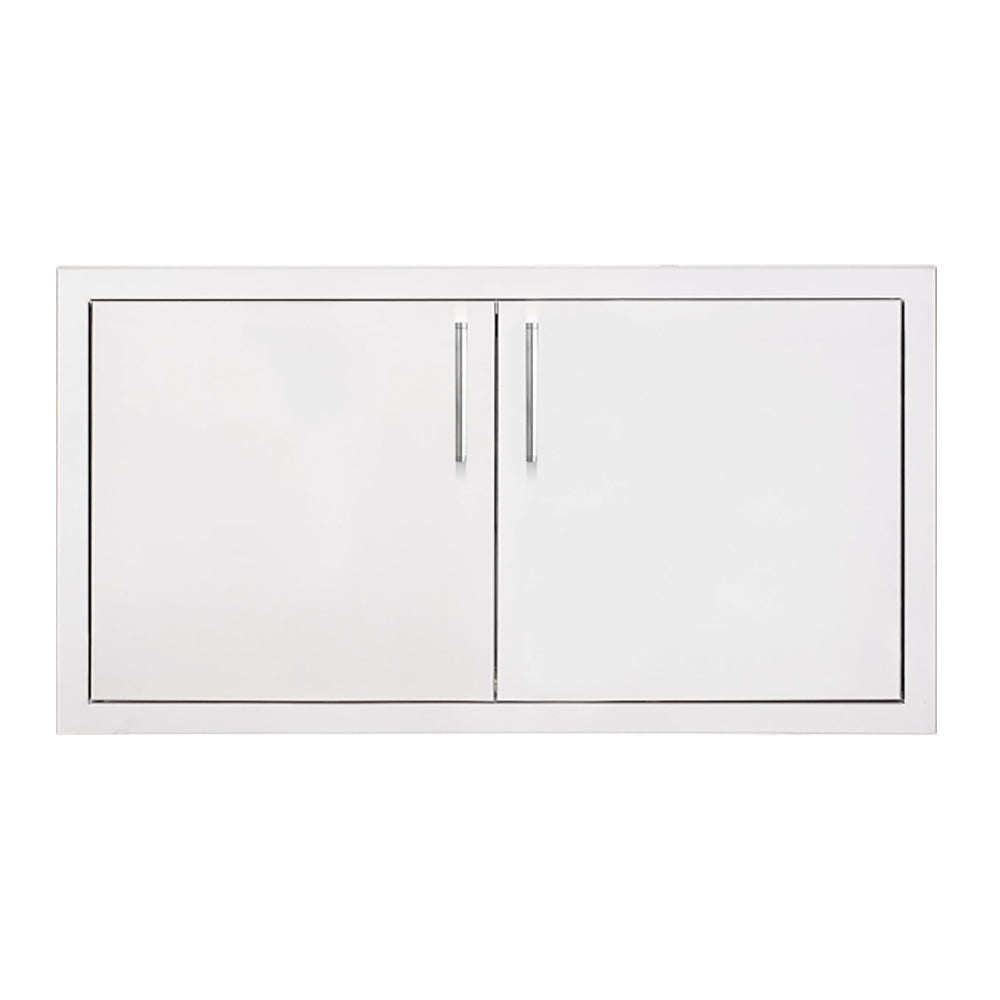Masonry frame return with double-access doors, rectangular white steel trim, center vertical seam