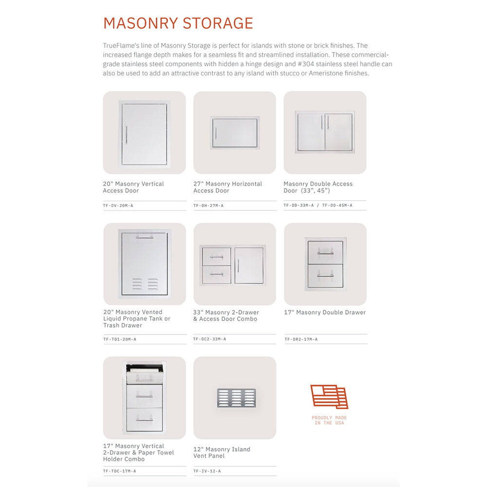 Masonry storage cabinet lineup showing drawers, vertical models, and access door combo